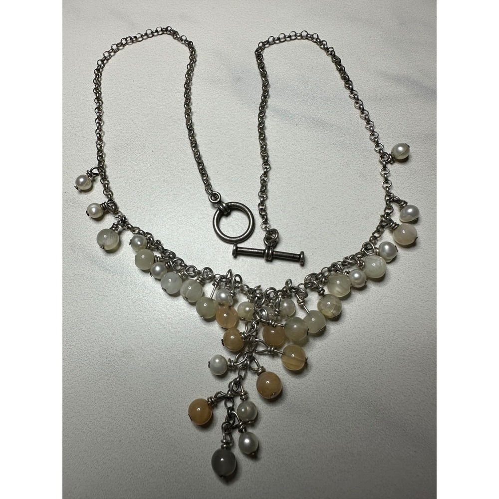 Sterling Silver Agate and Pearl Cluster Bib Necklace Toggle Clasp 16 Inch Boho